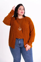 Conjunto Plus Size de Tricot Feminino com Blusa e Cardigan