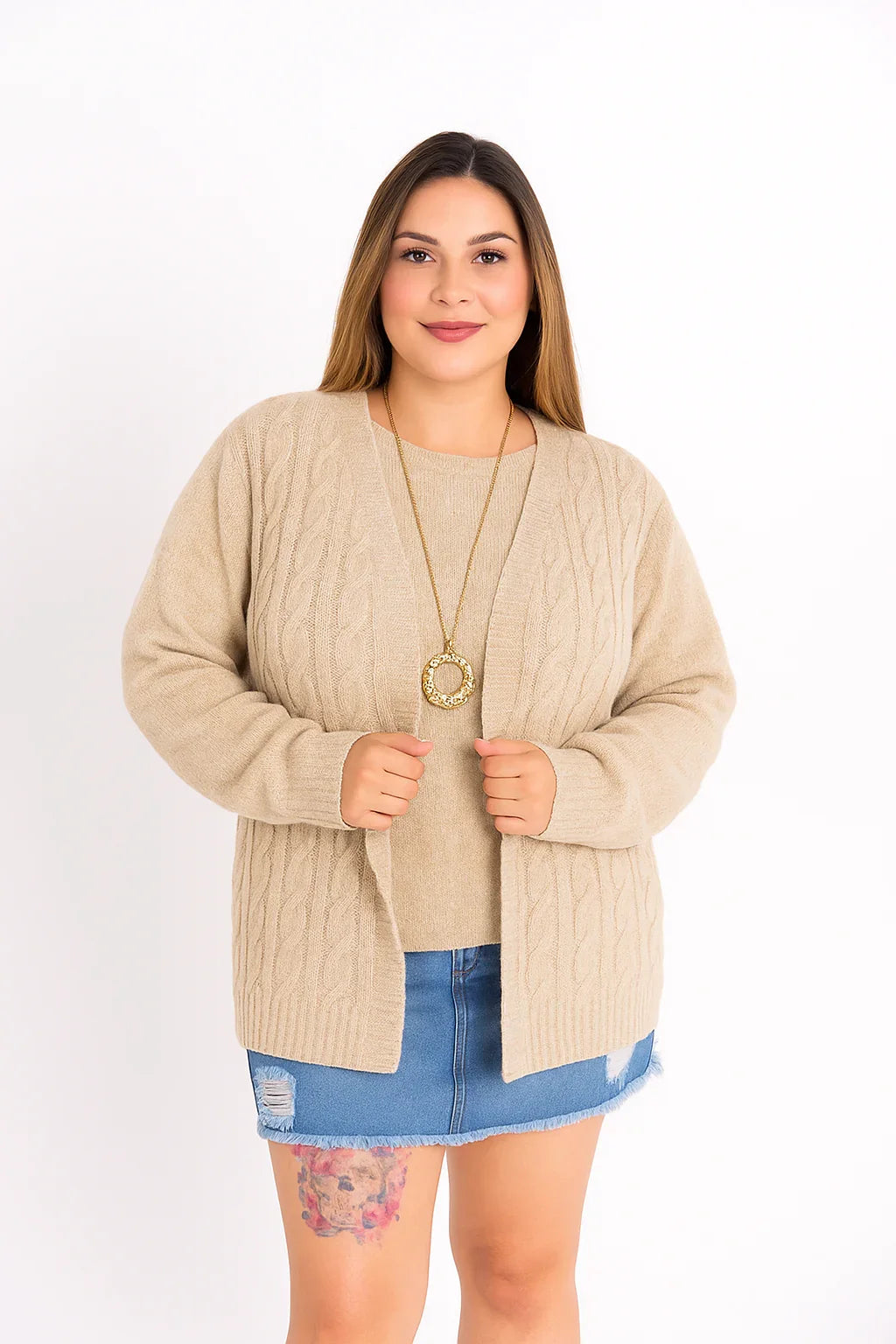 Conjunto Plus Size de Tricot Feminino com Blusa e Cardigan