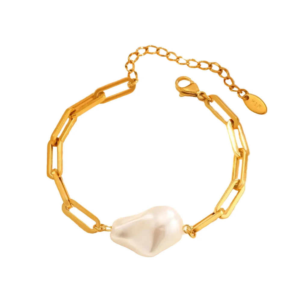 Elegante Pulseira de Pérolas com Corrente Banhada a Ouro 18K