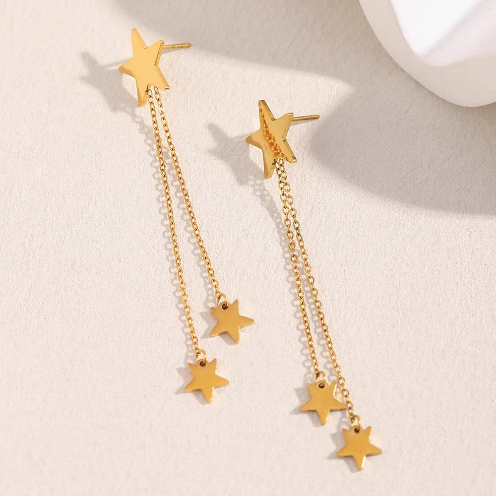 Brincos Estrela de Borla em Aço Inoxidável Banhado a Ouro