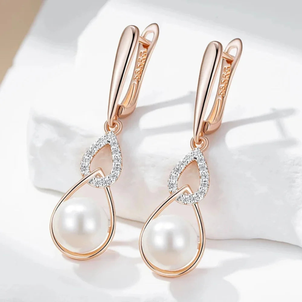 Brincos Longos de Pérola com Ouro Rosa 585 e Zircônia