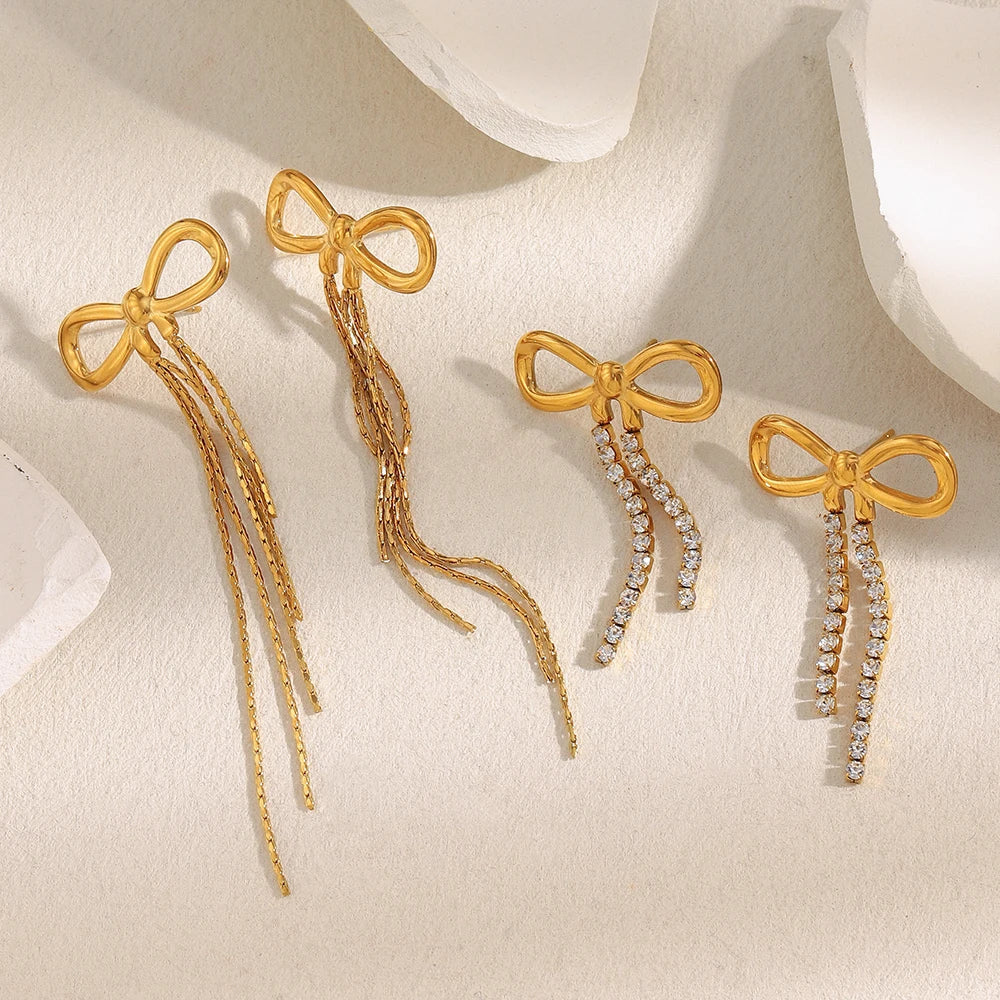 Brincos Luxuosos Bowknot com Zircão Banhados a Ouro