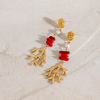 Brincos Elegantes de Coral Vermelho e Pérola