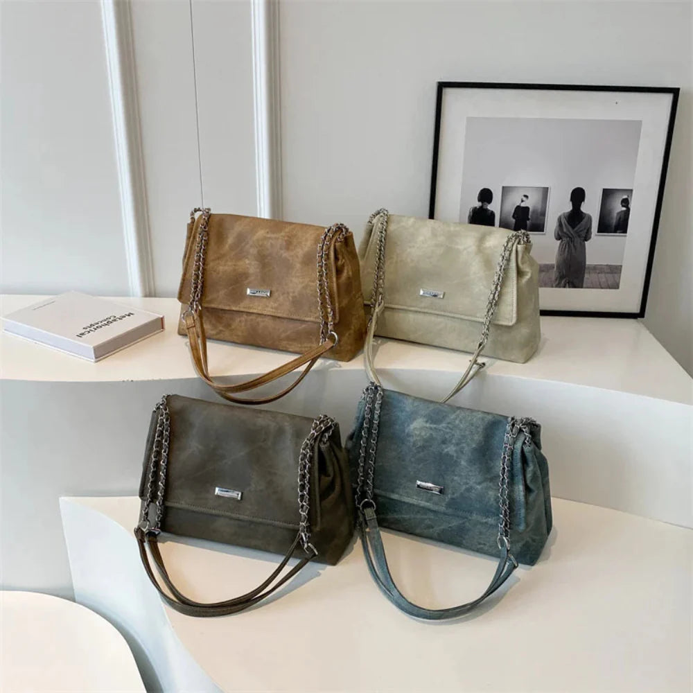 Elegante Bolsa Retro de Couro com Corrente para Mulheres