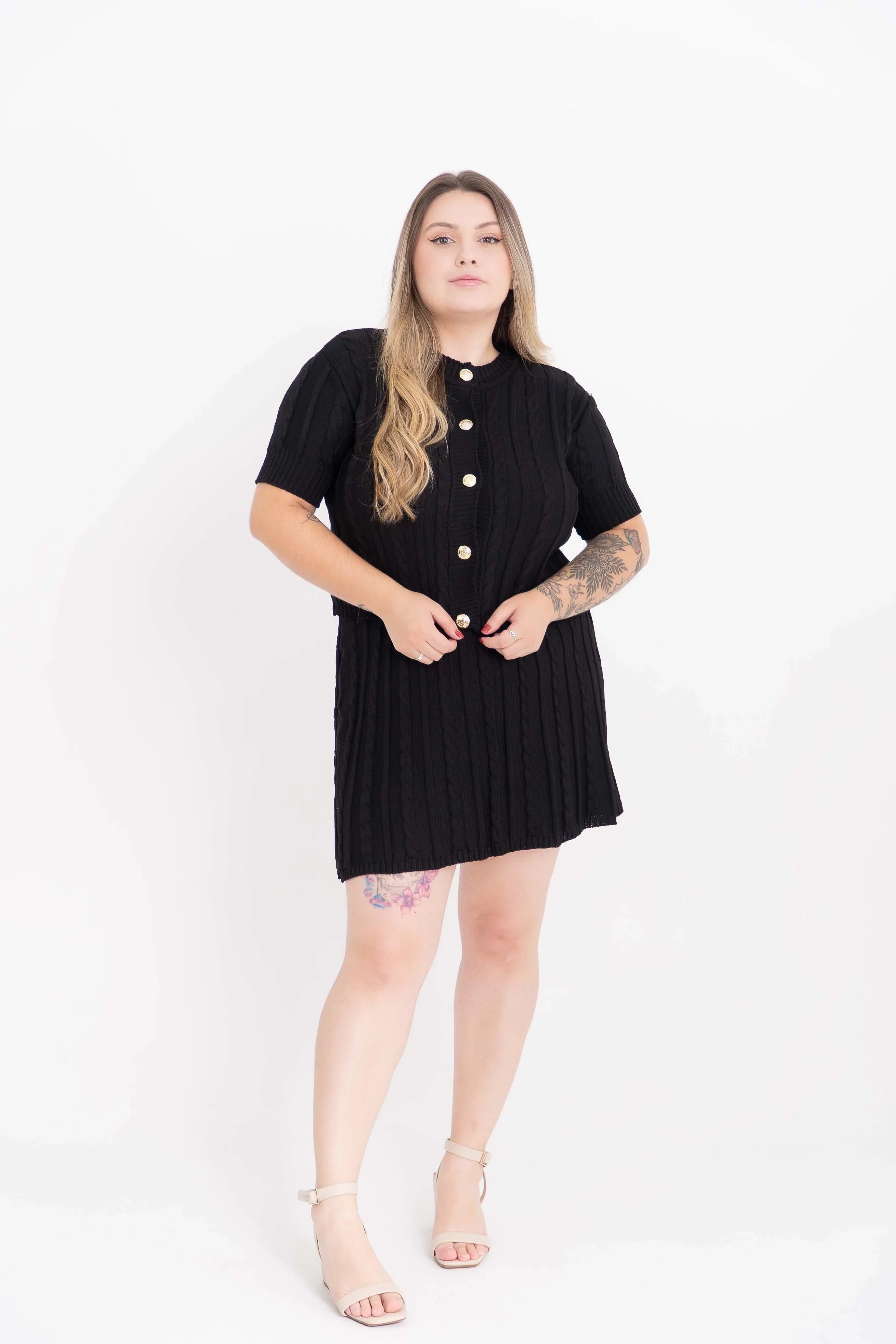 Conjunto Trançado Casaco e Mini Saia