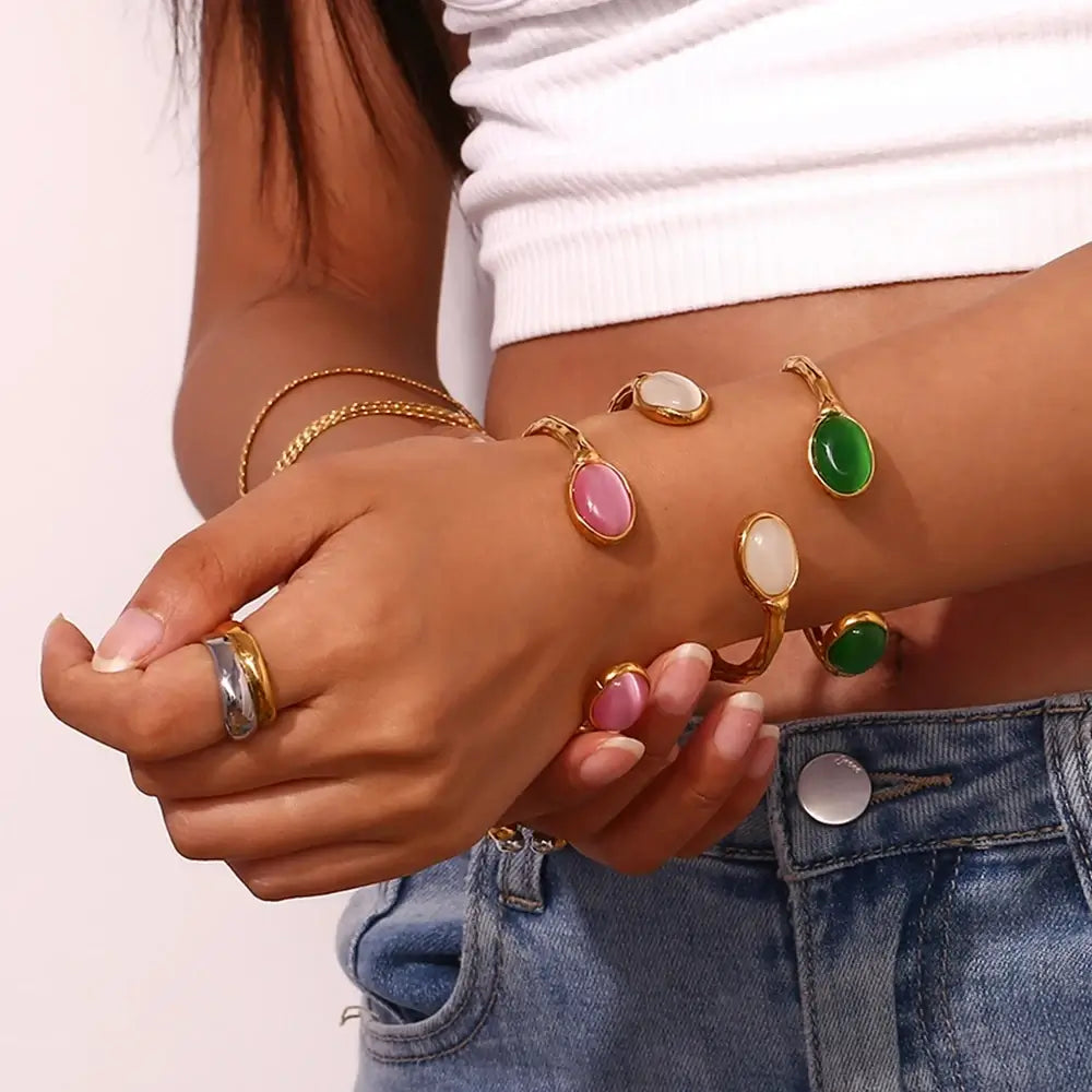 Pulseira em Aço Inoxidável com Cristal de Ágata