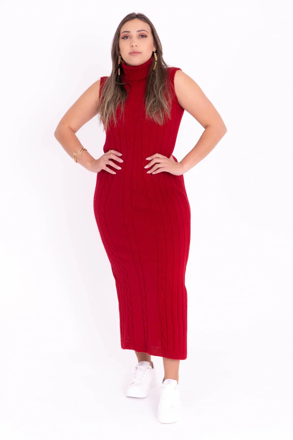 Vestido de Tricot Longo Sem Mangas com Gola Alta