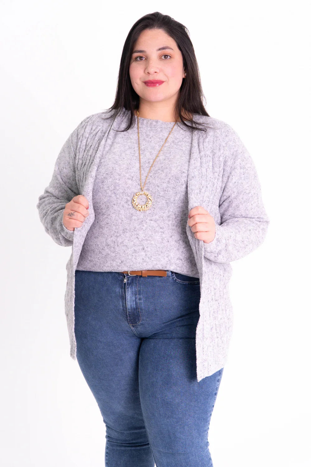 Conjunto Plus Size de Tricot Feminino com Blusa e Cardigan
